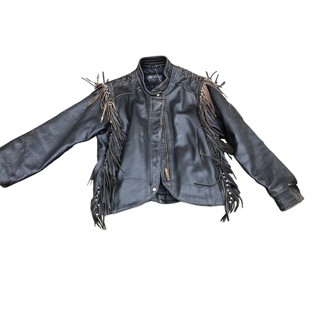 Harley Davidson - Women’s Black Leather Jacket 42/14 Studs and Fringe Vintage